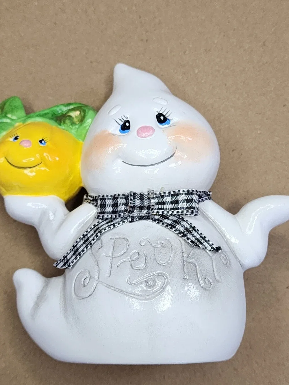 Vtg Halloween Ceramic Jack-o-Lantern Ghost Pumpkin Hand Painted Anthropomorphic